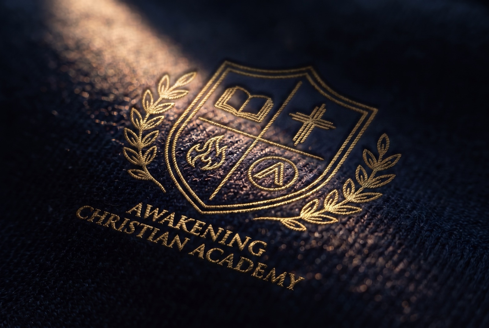 The Awakening Christian Academy crest embroidered in gold on navy